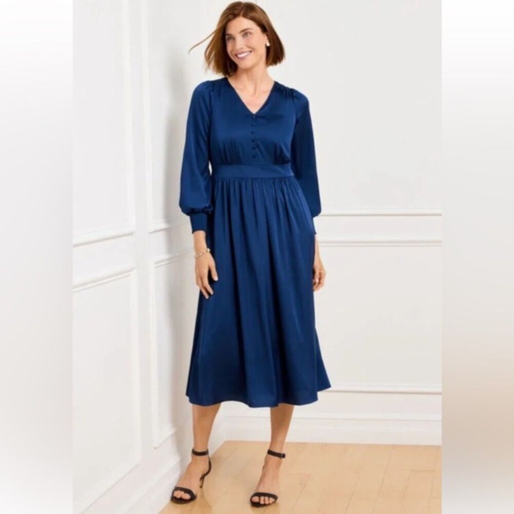 NWT Talbots Midi Dress Satin Charmeuse Smocked Flare Modest Navy Blue Women 14